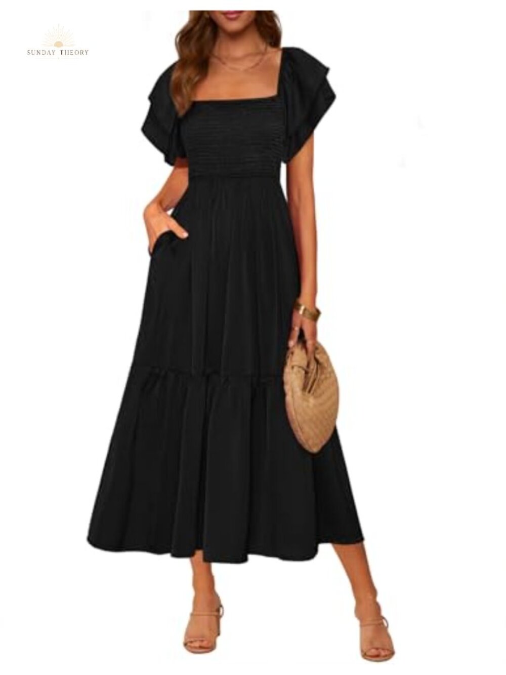 Womens Smocked Flowy Midi Dress Square Neck Ruffle Sleeve Casual